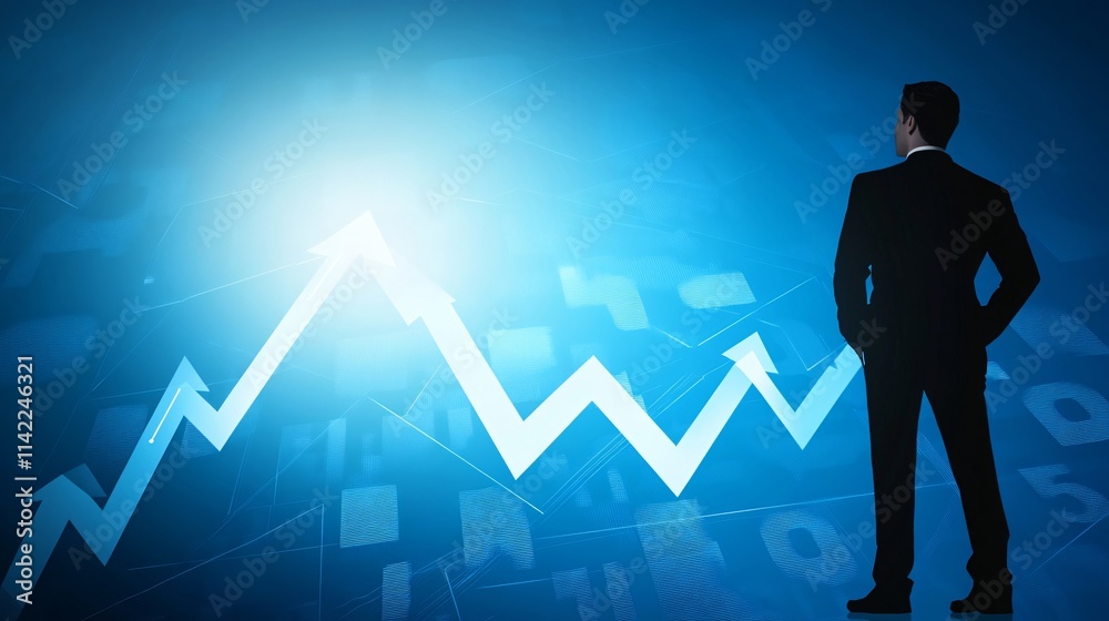 Back view of businessman looking at growing graph on blue background Back view of businessman looking at growing graph on blue background