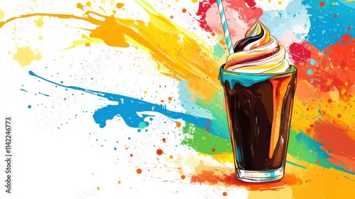 Colorful Swirl Ice Cream in a Glass Cup Surrounded by Vibrant Splashes of Paint on a White Background for Creative Food and Beverage Illustrations photo