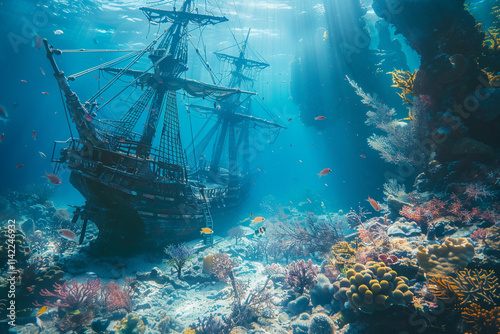 Underwater view of an sunken ship on seabed with fish swimming around