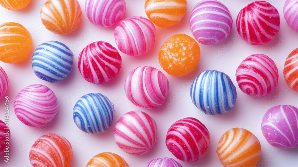 Colorful Swirled Candy Balls in Vibrant Shades of Pink, Blue, Orange, and Purple Arranged on a Bright White Background for a Whimsical and Festive Look Colorful Swirled Candy Balls in Vibrant Shades of Pink, Blue, Orange, and Purple Arranged on a Bright White Background for a Whimsical and Festive Look