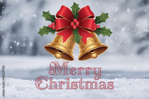 Golden Christmas Bells with Red Velvet Ribbon,element. Elegant golden Christmas bells perfect for holiday decorations, festive design