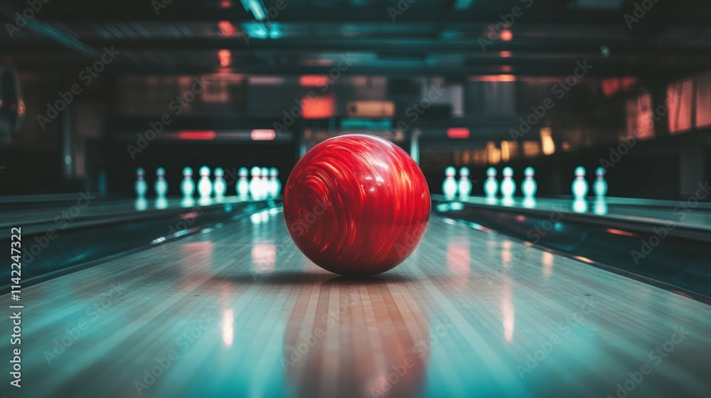 A bold image of a bowling ball rolling toward pins with precision, captured mid-strike, showcasing energy and motion, isolated on white