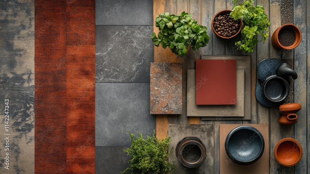Fototapeta premium Flat lay of terracotta, grey tiles, plants, pots.