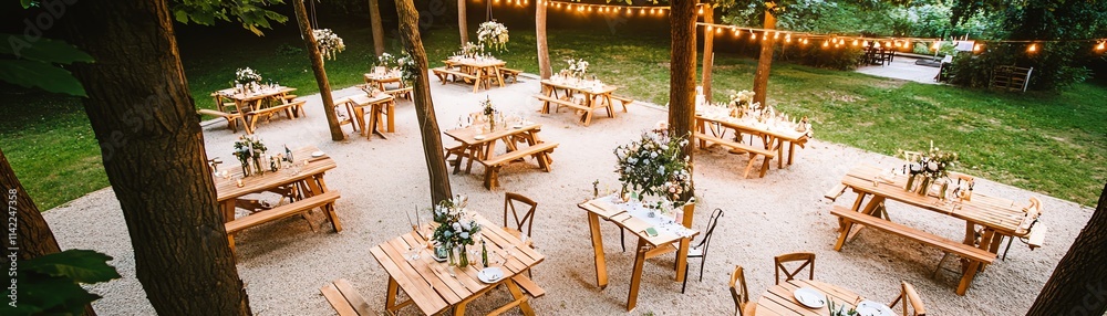 Inside the studio, a cozy garden party setup with picnic tables, fairy lights hanging from trees, and floral centerpieces is arranged under a softly glowing evening sky Inside the studio, a cozy garden party setup with picnic tables, fairy lights hanging from trees, and floral centerpieces is arranged under a softly glowing evening sky