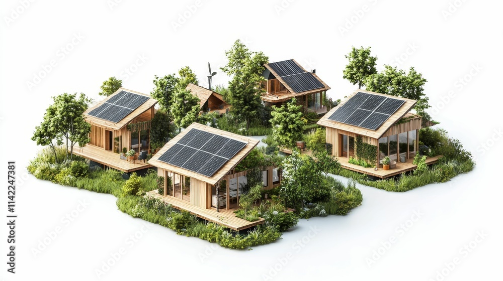 Eco-friendly homes, solar panels, lush greenery. Eco-friendly homes, solar panels, lush greenery.