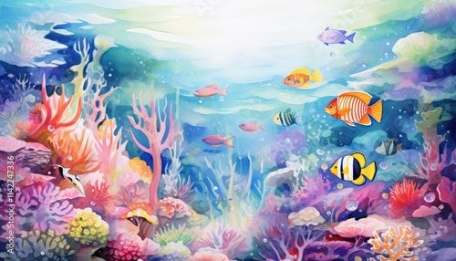 Watercolor illustration of a majestic underwater world with colorful fish, coral reefs, and sea creatures.