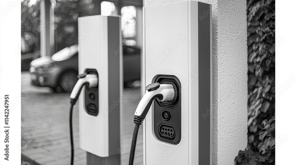 Blank electric car charging station available for use in urban area Blank electric car charging station available for use in urban area