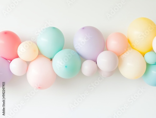 A single, ultra-detailed vibrant balloon garland in pastel shades, isolated on a clean white background with subtle shadows enhancing its soft texture photo