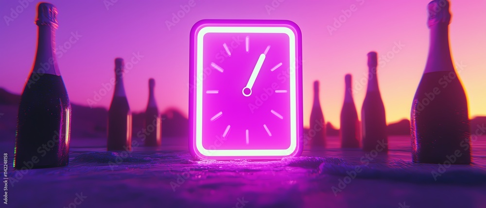 Inside the studio, a glowing New Year countdown clock surrounded by champagne bottles and glittering decorations is arranged under dynamic lighting for a festive celebration Inside the studio, a glowing New Year countdown clock surrounded by champagne bottles and glittering decorations is arranged under dynamic lighting for a festive celebration