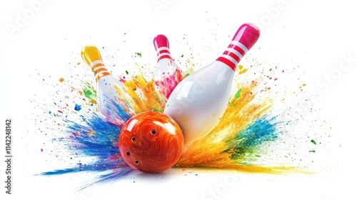 A colorful bowling ball striking down all ten pins in a dynamic motion burst, scattering pins dramatically, on white