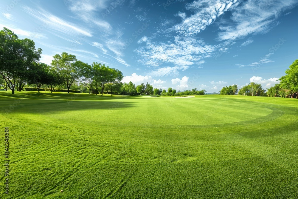 Scenic golf course with smooth fairways and bright blue sky under sunlight Scenic golf course with smooth fairways and bright blue sky under sunlight