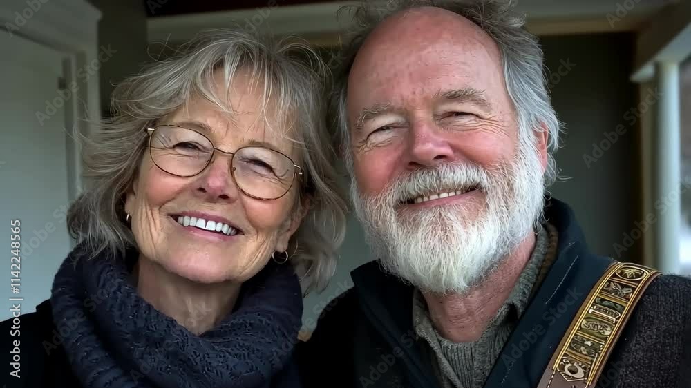 Smiling couple posing together indoors with warm expressions and cozy attire during a joyful moment Smiling couple posing together indoors with warm expressions and cozy attire during a joyful moment