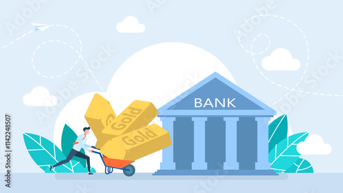 Man fast runs with gold bars to financial building. Savings in bank. High percentage of profit on bank deposit. Bank financing, money exchange, saving or accumulating money. Vector illustration