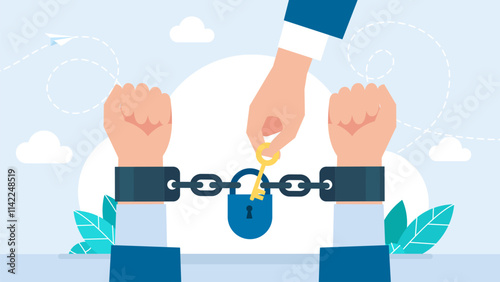 Break free or freedom concept. Prisoner release. Freedom concept. Man in handcuffs. Man hand with key unlocking shackles. Unlocking handcuffs. End of arrest. Vector illustration