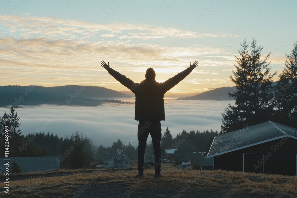 A tiny figure of a hiker stands on a mountain peak, arms raised, taking in the stunning sunrise above the morning mist. A tiny figure of a hiker stands on a mountain peak, arms raised, taking in the stunning sunrise above the morning mist.