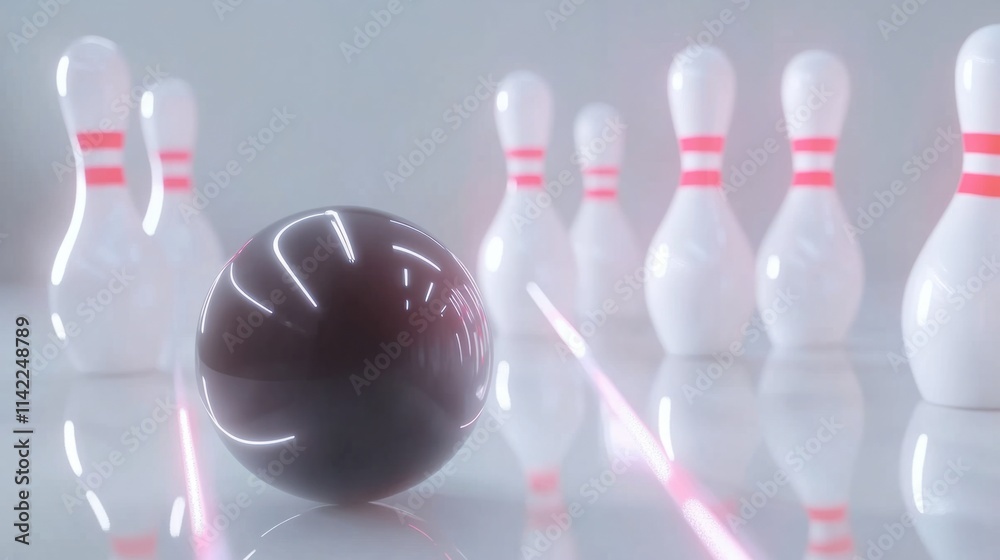 A detailed capture of a shiny bowling ball hitting the pins in perfect alignment, with motion trails, isolated on white A detailed capture of a shiny bowling ball hitting the pins in perfect alignment, with motion trails, isolated on white