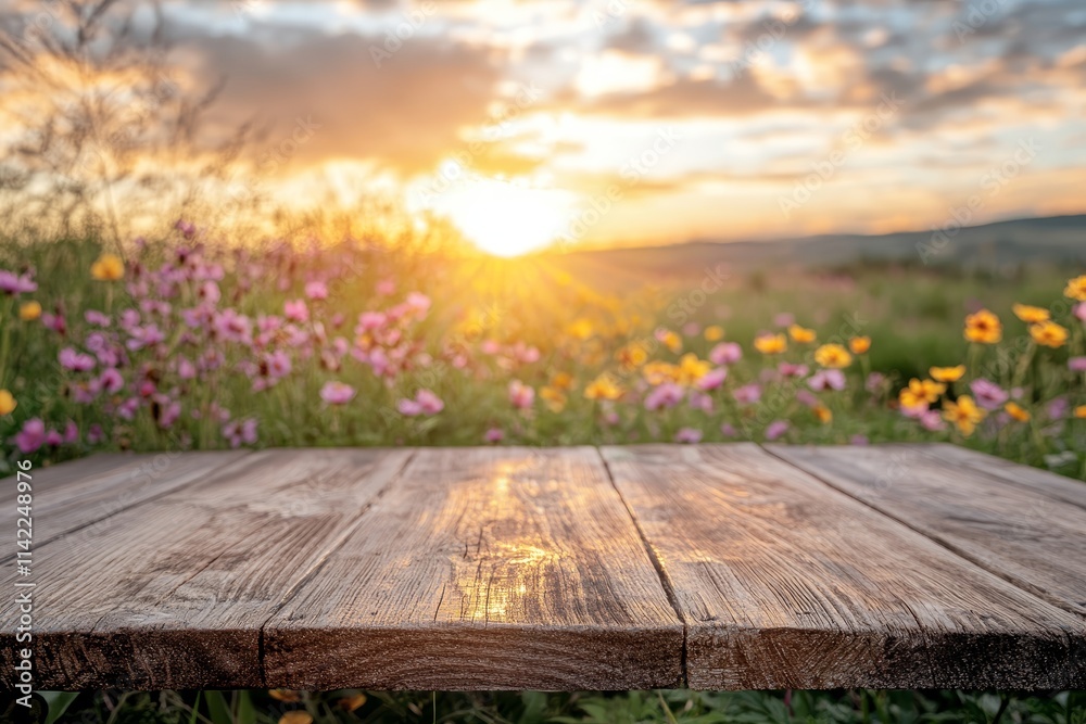 Fototapeta premium Wooden table in front of sunset wildflowers.