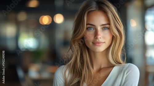 Beautiful white business woman posing elegantly in a modern workspace during daylight