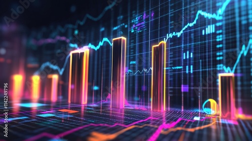 A 3D bar chart with metallic bars rising from the ground, set against a dark background with neon-colored data lines and futuristic graphs representing business growth.