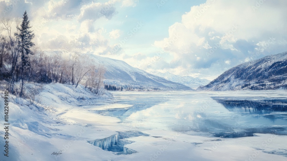 Frozen Lake Landscape with Snowy Mountains Frozen Lake Landscape with Snowy Mountains