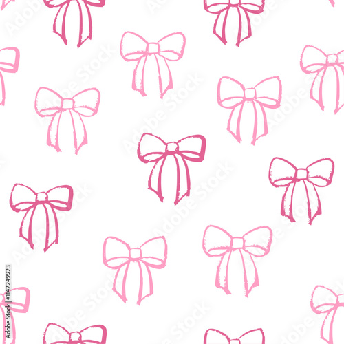 Pink hand drawn bows seamless valentine background. Seamless trendy coquette ribbon bow knot pattern. Vector illustration for texture wrapping paper. 