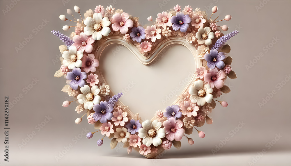 A heart frame adorned with small pastel flowers in pink, lavender, and cream, arranged along the edges. A heart frame adorned with small pastel flowers in pink, lavender, and cream, arranged along the edges.