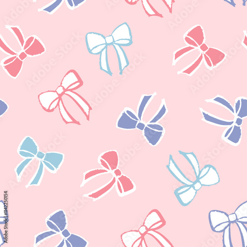 Seamless pink trendy coquette ribbon bow knot pattern. Valentine background for texture wrapping paper. Vector illustration.