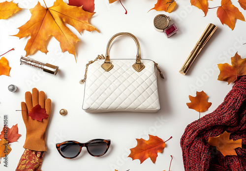 An elegant autumn accessory arrangement consisting of gloves, sunglasses and a stylish handbag lay flat on a clean white background, showcasing the season's fashion essentials. photo