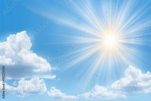Under a blue sky filled with clouds, the sun radiates brightly. It's a sunny day, with the midday sun illuminating the surroundings. The sky, adorned with clouds, mirrors the sun's brilliance. In