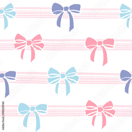 Seamless colorful trendy coquette ribbon bow knot and stripe geo pattern. Vector illustration for texture wrapping paper.