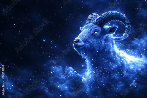 A stunning digital illustration of the Capricorn zodiac sign, featuring a majestic goat with a fish tail, glowing constellations, and a deep blue and purple cosmic background with mystical and celesti
