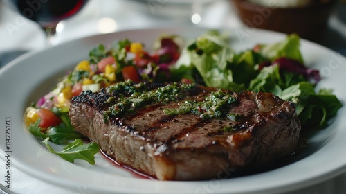 A beautifully arranged steak dinner featuring a thick cut of meat, drizzled with chimichurri sauce, alongside a colorful salad and a glass of red wine, presented on a white tablecloth.