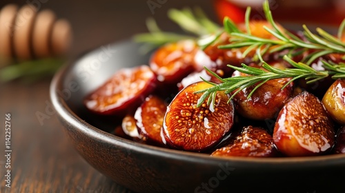 A savory dish showcasing glazed figs, elegantly arranged and garnished with fresh rosemary sprigs, capturing the essence of gourmet culinary presentation. photo