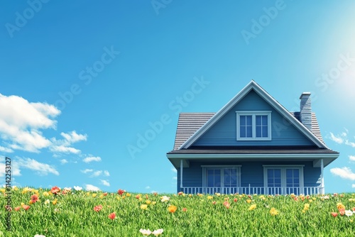 Dream house on a hilltop surrounded by vibrant wildflowers under a clear blue sky. photo