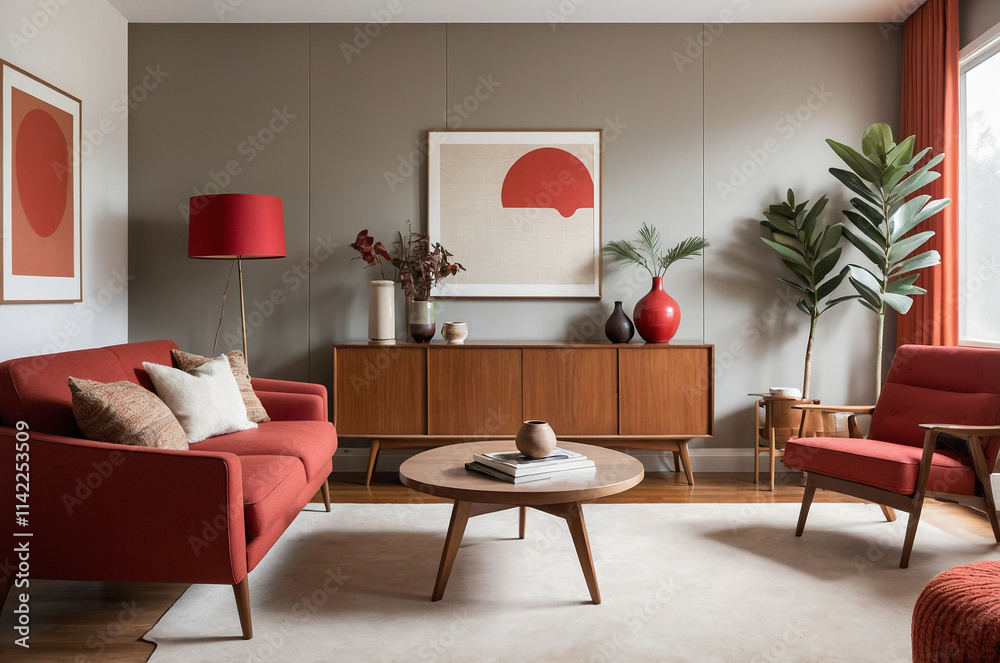 Fototapeta premium Warm and inviting living room with elegant red furniture, soft lighting, and modern minimalist decor, creating a cozy and chic atmosphere.