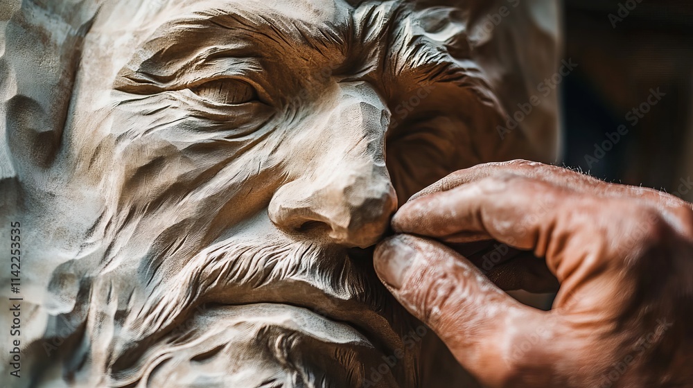 Artisan Stone Carver Smoothing Rough Edges on Detailed Sculpture of a Male Face in Progress Artisan Stone Carver Smoothing Rough Edges on Detailed Sculpture of a Male Face in Progress