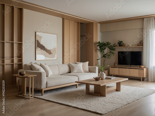 Calm, peaceful, minimalist living room with natural light, neutral tones, and airy Scandinavian design.  Simplicity and comfort blend seamlessly.  Japandi style promotes tranquility.