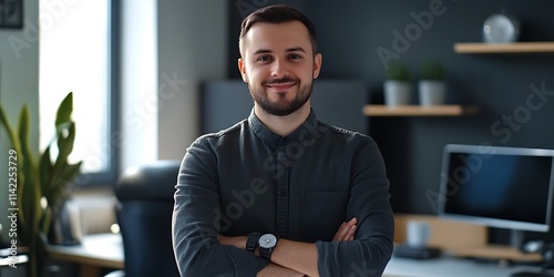 Portrait of a content strategist standing confidently in a media office