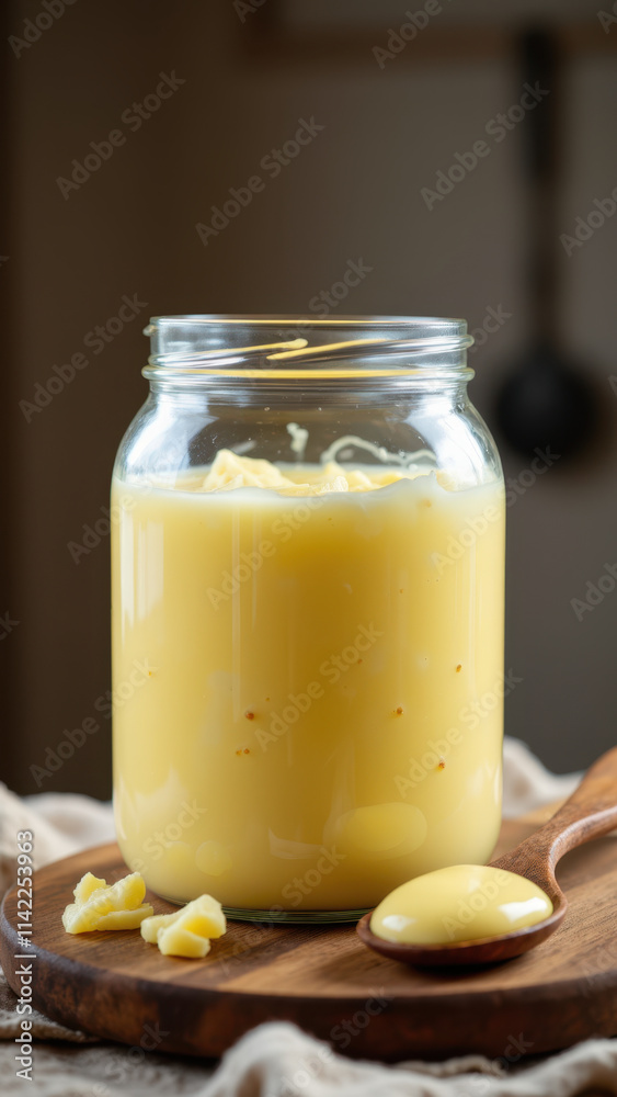 Jar filled with yellow substance, possibly beef tallow, set on a table with rustic wooden surface.
