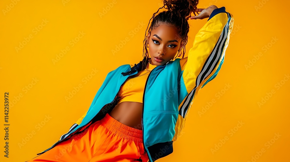 Vibrant female model in streetwear striking a dynamic pose,