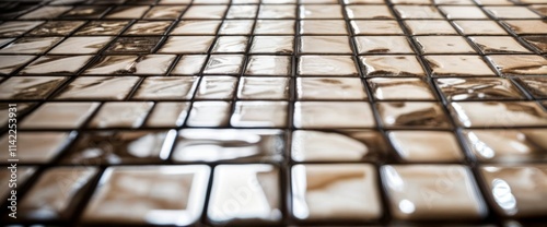 close-up of a surface with a repeating pattern of cubes that reflect light and appear shiny