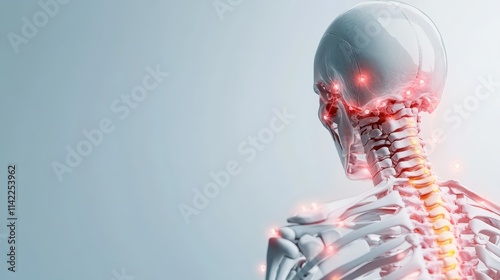 A skeletal figure with highlighted spine and glowing red spots captures the essence of anatomical precision, illustrating the complexity of bone alignments and movements.