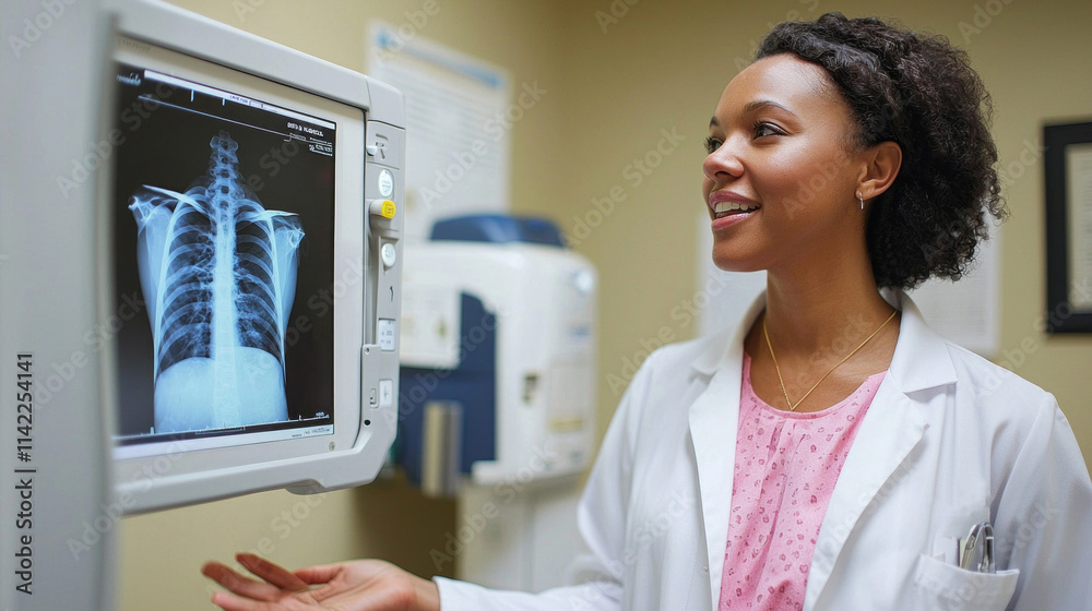 A woman in a white lab coat is looking at a x-ray of a woman's chest A woman in a white lab coat is looking at a x-ray of a woman's chest