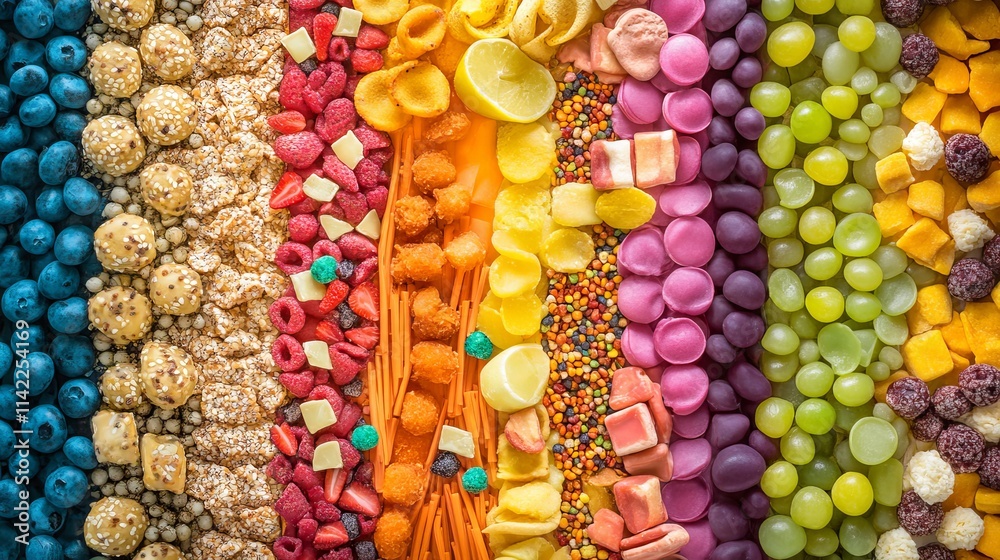 Colorful Display of Pre-Packaged Snacks with Variety and Vibrant Themes Colorful Display of Pre-Packaged Snacks with Variety and Vibrant Themes