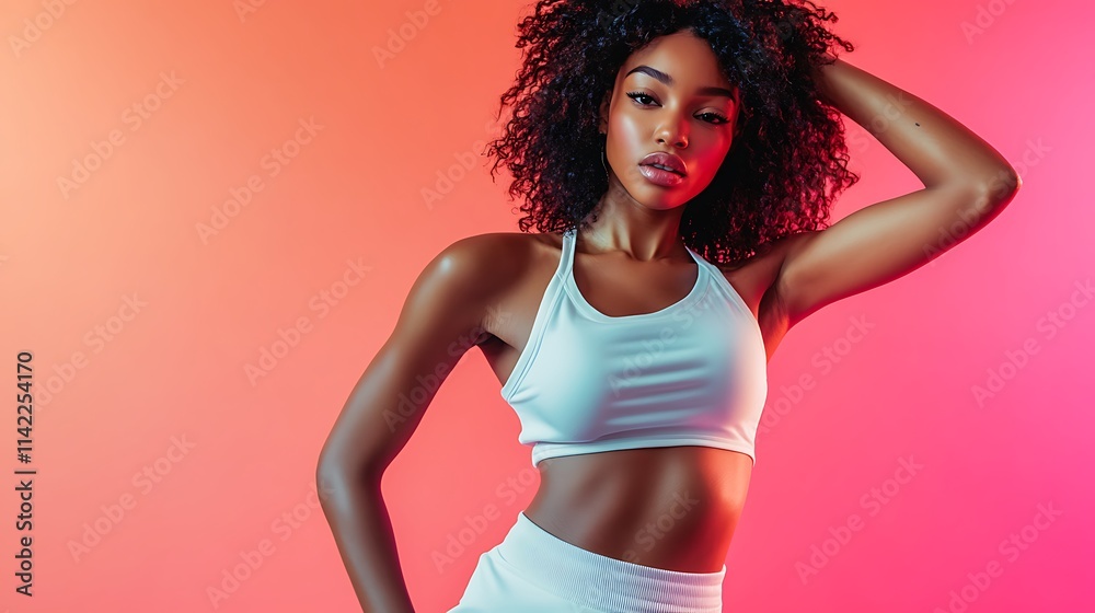 Female model in trendy athleisure, sporty dynamic pose,