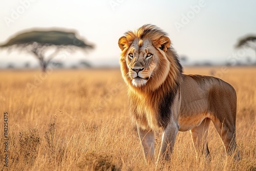 Wallpaper Mural Majestic lion standing in golden savannah with warm sunset light. Torontodigital.ca