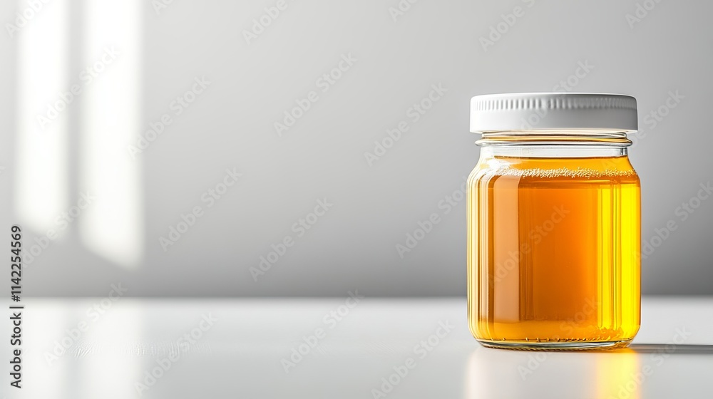 Glass Jar Containing Smooth Golden Peanut Butter with Added Preservatives on Clean Surface Glass Jar Containing Smooth Golden Peanut Butter with Added Preservatives on Clean Surface