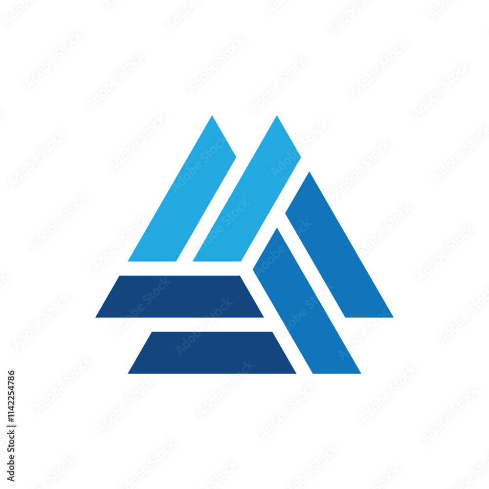 A flat logo design of a geometrical triangle shape consists of three segments in different shades of blue