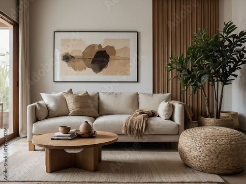 A stylish living room featuring cozy furniture, chic decor, and a neutral color palette, Create a warm and inviting atmosphere with woven furniture and elements. photo