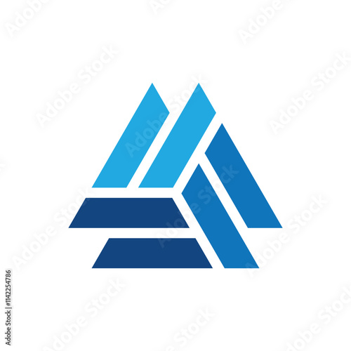 A flat logo design of a geometrical triangle shape consists of three segments in different shades of blue